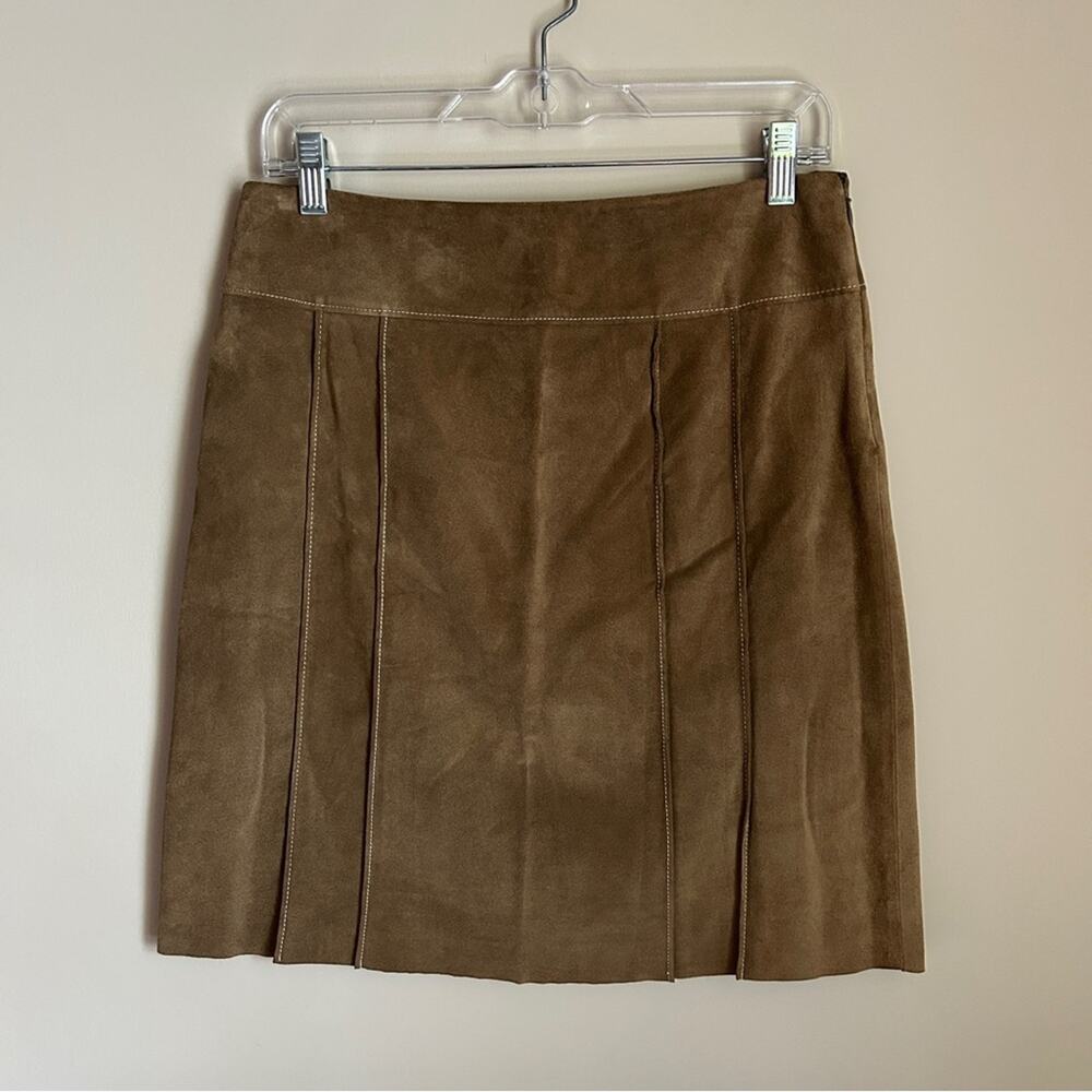 Ann Taylor Camel Brown 100% Leather Suede Visible Stitching A-Line Skirt Size 6P